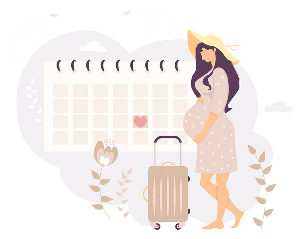 Onnellinen raskaana oleva tyttö katsoo kalenteria. turisti aurinkohattu seisoo matkalaukku pyörillä kalenterissa taustaa vasten kukkia. Vektorikuvitus. Naisten terveyden ja matkailun käsite - Vektori, kuva