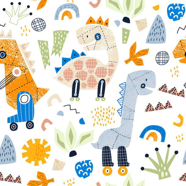 Childish seamless pattern with hand drawn dinosaurs robots. Creative vector childish background for fabric, textile - Вектор,изображение