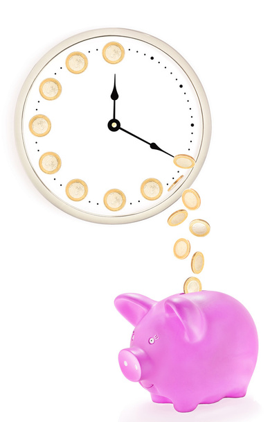 Hucha rosa con monedas cayendo del reloj
 - Foto, Imagen