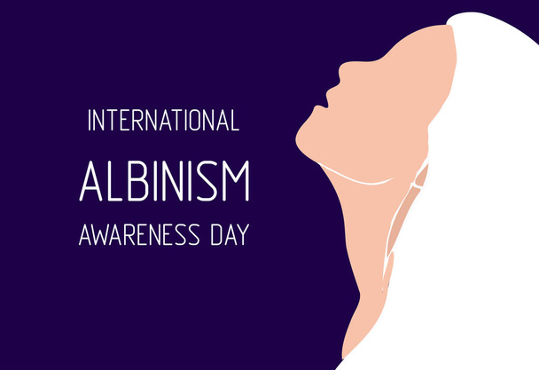Día Internacional de la Concientización sobre el Albinismo, mujer con cabello blanco, piel pálida, sin pigmento, pancarta con texto - Vector, imagen