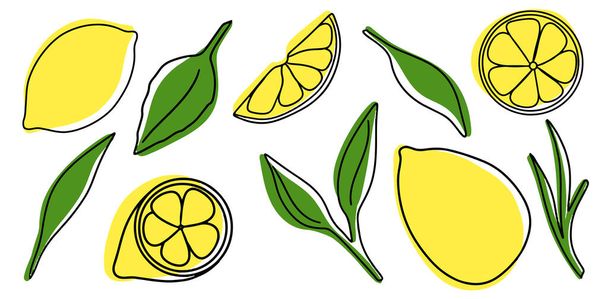 Raccolta di frutti esotici di limone, frutti tropicali estivi, foglie di limone, verde, colori gialli, icone di rete di limone, illustrazione vettoriale, sfondo bianco, icona piatta, linea singola e macchie colorate - Vettoriali, immagini