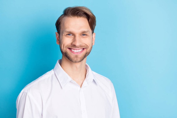 Photo of happy positive charming young man smile businessman isolated on pastel blue color background - Zdjęcie, obraz