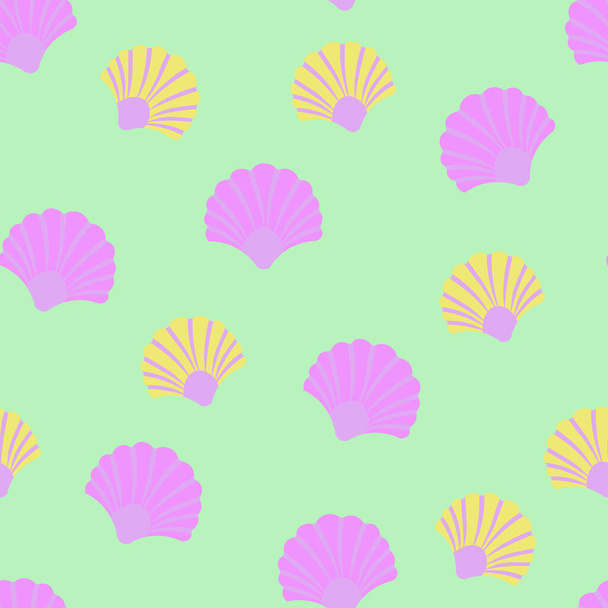 貝殻とのシームレスなパターン。海を背景に。手描きのベクトルイラストをスケッチスタイルで。挨拶、招待状、着色本、織物、結婚式、ウェブデザインに最適です。明るい背景にピンクと黄色の貝殻. - ベクター画像