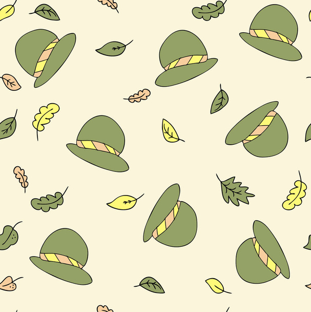Seamless pattern of a cute green hats and autumn leaves. Perfect for scrapbooking, textile and prints. Hand drawn cartoon style vector illustration. - Vector, Image