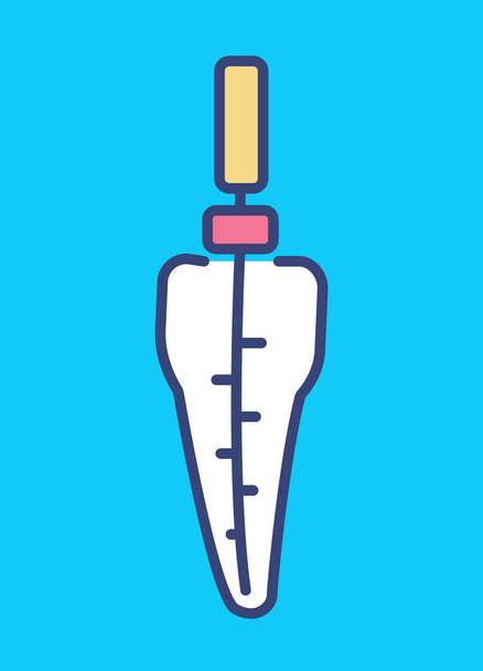 Endodontie im Zahn. Farbsymbol. Wurzelkanalbehandlung. Messung und Reinigung des Zahnkanals. Instrumente zur zahnärztlichen Behandlung. Vektorisolierte Umrissillustration. Essbarer Schlaganfall - Vektor, Bild