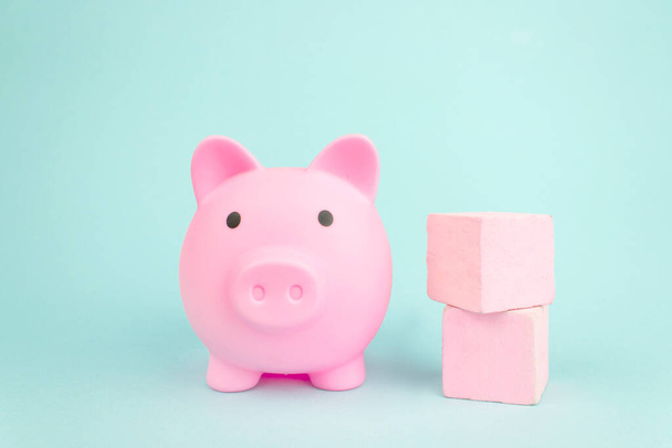 Pink piggy bank with geometric wood blocks cube on blue background - Photo, Image