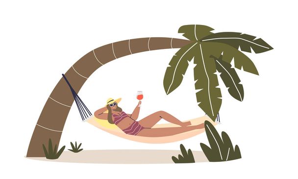 Woman relax in hammock with cocktail on vacation on tropical resort. Young girl in bikini sunbathing - Vektor, Bild