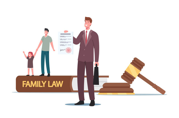 Divorce, Child Custody or Alimony. Tiny Father Character with Little Daughter and Attorney at Huge Gavel, Family Law - Vettoriali, immagini