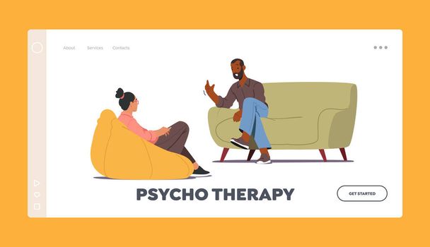 Psychotherapy Landing Page Template. Doctor Talking with Patient about Mind Health Problem. Psychologist Appointment - Vector, Image