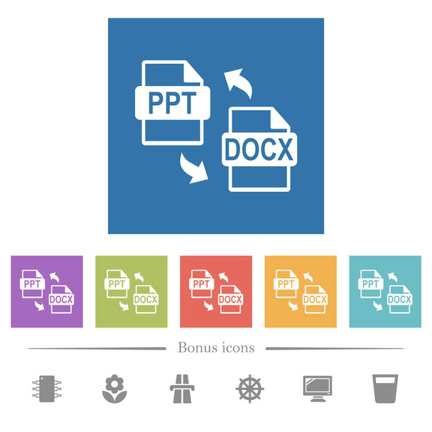 Conversión de archivos PPT DOCX flat white icons in square backgrounds. 6 iconos de bonificación incluidos. - Vector, Imagen