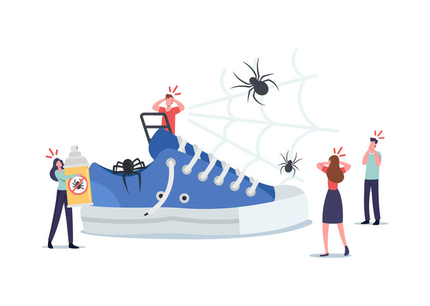 Tiny Characters around Huge Sneaker, Frightened People Afraid of Spiders, Suffer of Arachnophobia Psychological Problem - Vettoriali, immagini