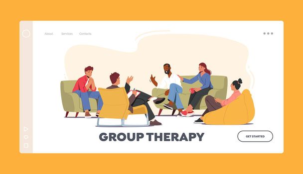 Group Therapy Landing Page Template. Characters Counseling with Psychologist on Psychotherapist Session. Doctor Patients - Vektor, obrázek