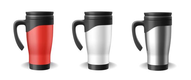 Set of thermo cups realistic blank templates in red, white and silver. 3d travel mug and thermos - Διάνυσμα, εικόνα