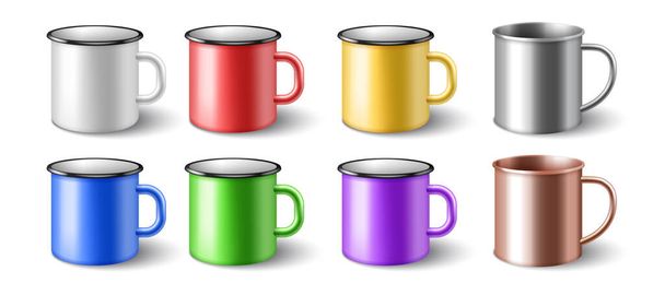 Enamel 3d realistic metal cups set. Colorful metallic mugs isolated on white background - Vecteur, image