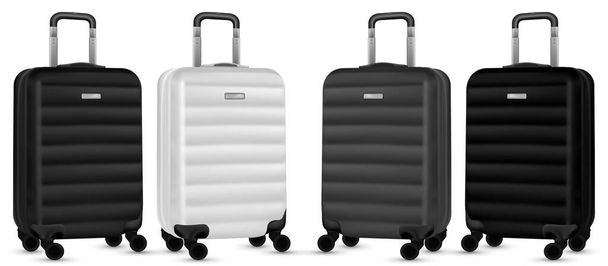 Bag travel. Silver travel plastic suitcase or vacation baggage bag collection isolated on white background. Copy space of summer vacation and business travel concept. - Vector, Image