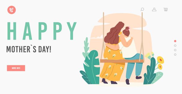Happy Mothers Day Landing Page Template. Loving Mother and Daughter Hugging Rear View. Mom and Girl Embrace Sit on Swing - Vektori, kuva