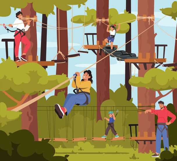 Family in Rope Park, Father, Mother and Children Characters Overcome Obstacles, Climb on Trees, Cross Suspended Bridge - Vector, imagen
