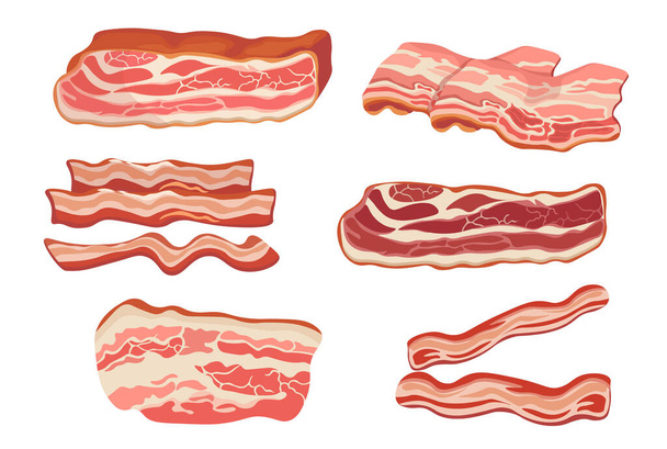 Set of Thin Bacon Strips, Rashers, Raw or Smoked Fatty Slices of Pork Meat Isolated on White Background. Brisket or Ham - ベクター画像