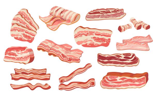 Set of Raw or Smoked Bacon Strips, , Thin Fatty Slices of Pork Rashers, Meat Delicious Food Isolated on White Background - Vector, Image