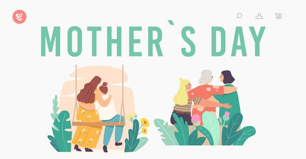 Mothers Day Landing Page Template. Loving Mother, Grandmother, Daughter and Granddaughter Family Characters Hugging - Vetor, Imagem