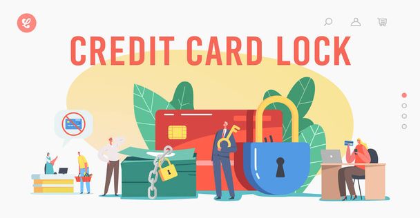 Bank Ban Landing Page Template. Tiny Characters at Huge Blocked Credit Card and Lock on Money Pile. Payment Block - Vector, afbeelding