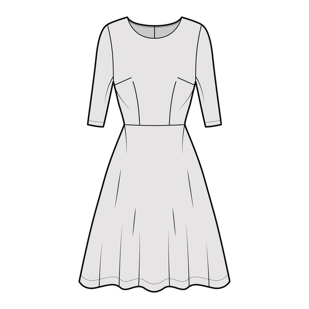 Dress flared skater technical fashion illustration with elbow sleeves, fitted body, knee length semi-circular skirt. - Vector, Image