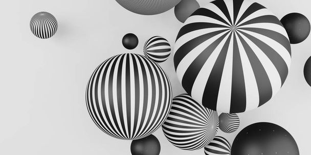 mnoho dekorativních kuliček Vodorovné pruhy černé a bílé 3D ilustrace - Fotografie, Obrázek