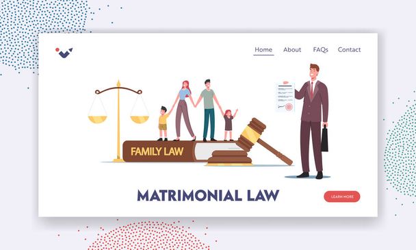 Matrimonial Law Landing Page Template. Tiny Characters Husband, Wife and Kids at Huge Gavel, Scales and Family Law Book - Vettoriali, immagini