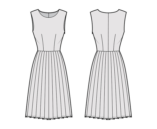 Сукня плісирована технічна ілюстрація моди з без рукавів, встановленим тілом, спідницею довжини коліна. Плоский одяг спереду
 - Вектор, зображення