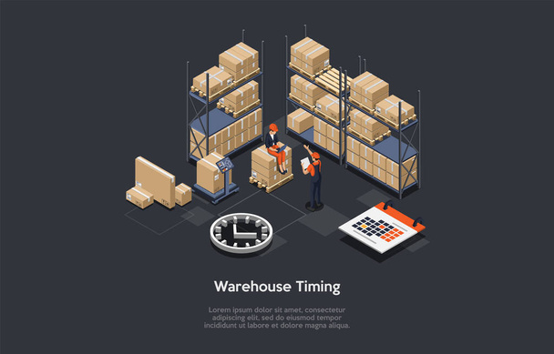 Conceptual Art Of Warehouse Timing With Two Characters. Isometric Vector Composition, Cartoon 3D Style Illustration. Shelves With Cardboard Parcels, Infographic Elements Around. Storehouse Trading - ベクター画像