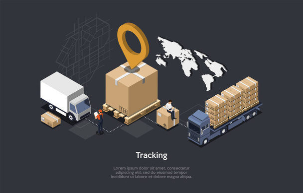 Conceptual Art Of Package GPS Tracking With Two Characters Working. Isometric Vector Composition, Cartoon 3D Style Illustration. Logistics Elements, Big Cardboard Box, World Map And Loaded Vehicles - Vektori, kuva