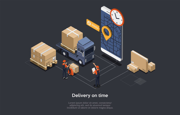 Vector Illustration. Delivery Timing, Warehouse Business Deadline. 3D Composition, Isometry, Cartoon Style And Writings. Storehouse Interior, Two People Working, Smarphone With Map, Clock And GPS - Wektor, obraz