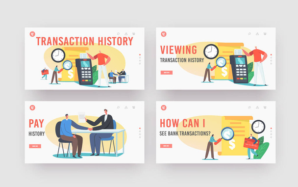 Transaction History Landing Page Template Set. Tiny Characters Read Bill at Huge Card Reader Machine or Pos Terminal - Vector, Image
