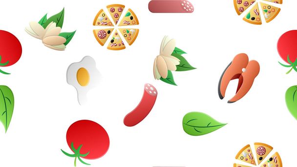 Ατελείωτο λευκό αδιάλειπτη μοτίβο από μια σειρά από εικόνες από νόστιμα τρόφιμα και σνακ για ένα καφέ μπαρ εστιατόριο: πίτσα, φιστίκια, ψάρια, σαλάμι, ντομάτες, βότανα, αυγό. Το φόντο. - Διάνυσμα, εικόνα