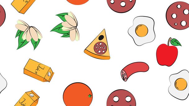 Lokanta kafesi için lezzetli yiyecek ve abur cubur ikonlarının sonsuz beyaz deseni: elma, portakal, pizza, sosis, şam fıstığı, yumurta, meyve suyu. Arkaplan. - Vektör, Görsel