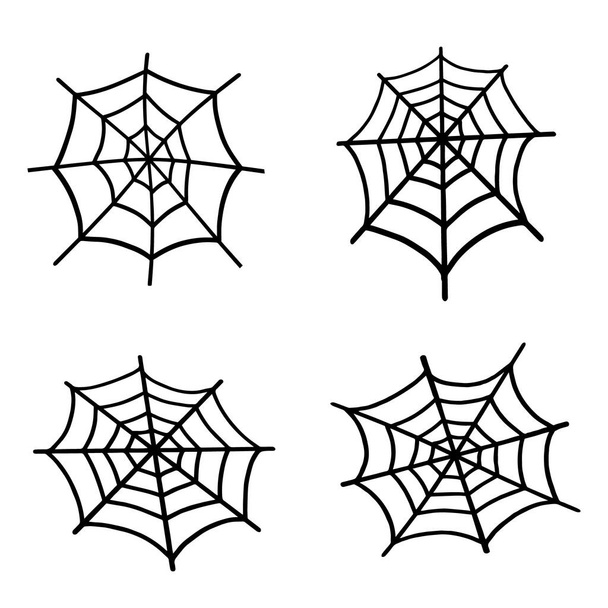 Zestaw pajęczej sieci. Sieć na Halloween, przerażający, upiorny, upiorny element do projektowania na Halloween. Ilustracja wektora w stylu Doodle - Wektor, obraz