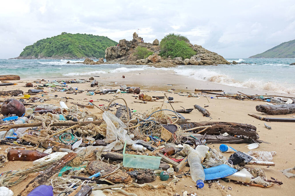 Contaminación: Contaminación de la playa. Basura en la playa. Enfoque selectivo y espacio de copia - Foto, Imagen