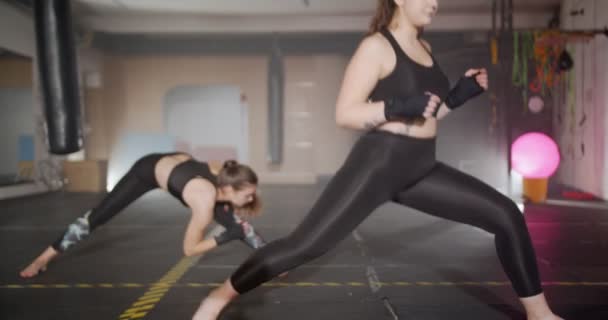 κορίτσια προθέρμανση για άσκηση στο γυμναστήριο - Πλάνα, βίντεο