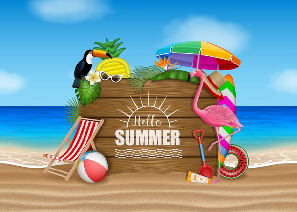 Hola cartel de verano con elementos de playa, flores tropicales, hojas, pájaros y letrero de madera en el paisaje de la playa - Vector, imagen
