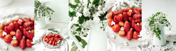 Collage aus 5 Fotos in einem Stil: frische Erdbeeren auf Teller und ein üppiges Bukett weiß blühender Akazien im Dekor weißer Jugas. Lebensmittelinhalt. saisonale Beeren. Sommerstimmung. Selektiver Fokus - Foto, Bild