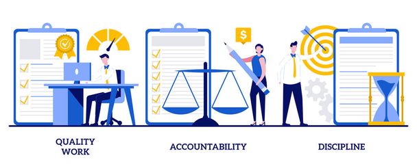 Quality work, accountability, discipline concept with tiny people. Task and project management abstract vector illustration set. Leadership, career goals and perspectives metaphor. - ベクター画像