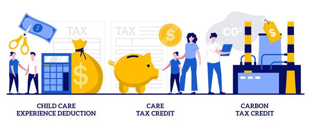 Child care experience deduction, care tax credit, carbon tax credit concept with tiny people. Tax deduction, exemption and credit abstract vector illustration set. Income subsidies metaphor. - Διάνυσμα, εικόνα