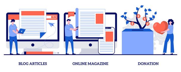 Blog articles, online magazine, donation concept with tiny people. Website tabs abstract vector illustration set. Crowdfunding, latest news, web page design, company online landing page metaphor. - Vetor, Imagem