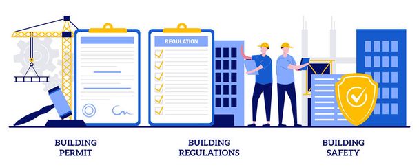 Building permit, regulations and safety concept with tiny people. Construction business vector illustration set. Contractor service, construction site, engineering project, application form metaphor. - Vector, afbeelding