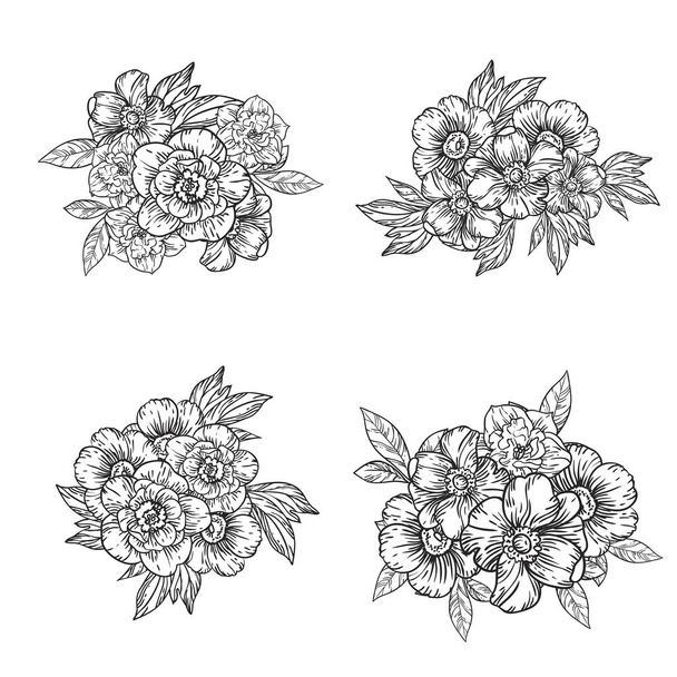monochrome flowers pattern. floral elements set in black and white. - Vetor, Imagem