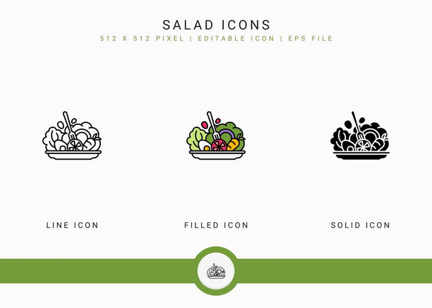 Los iconos de ensalada establecen la ilustración del vector con el estilo de línea de icono sólido. Vegetariano dieta concepto de alimentos. Icono de trazo editable en fondo blanco aislado para diseño web, interfaz de usuario y aplicación móvil - Vector, imagen