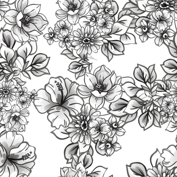 monochrome floral seamless pattern with flowers, design elements for cards - Vettoriali, immagini