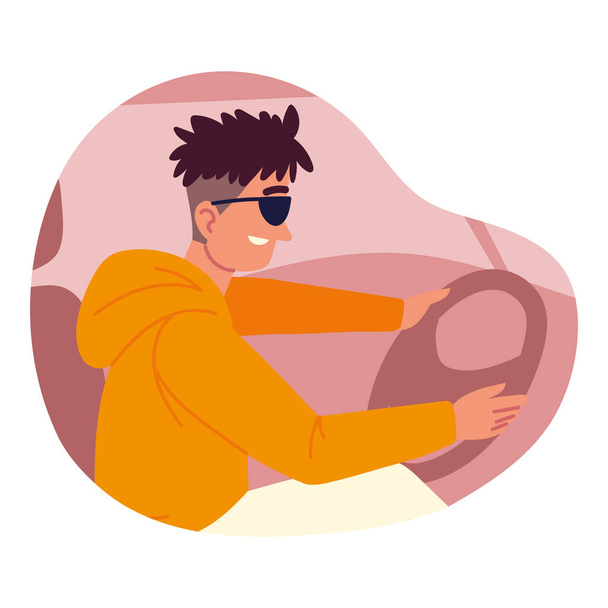 若い男は車を運転する - ベクター画像