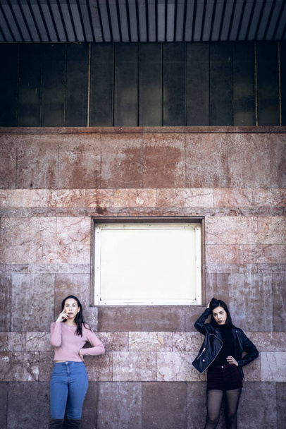 two stylish women posing by old building wall - Foto, Imagem
