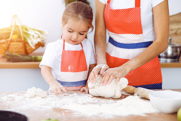 Happy woman and her daughter are kneading the dough and baking cookies for a delicious family feasting in sunny kitchen. Christmas, New year, Thanksgiving, Anniversary, Mothers Day. Healthy meal cooking concept. - Fotó, kép